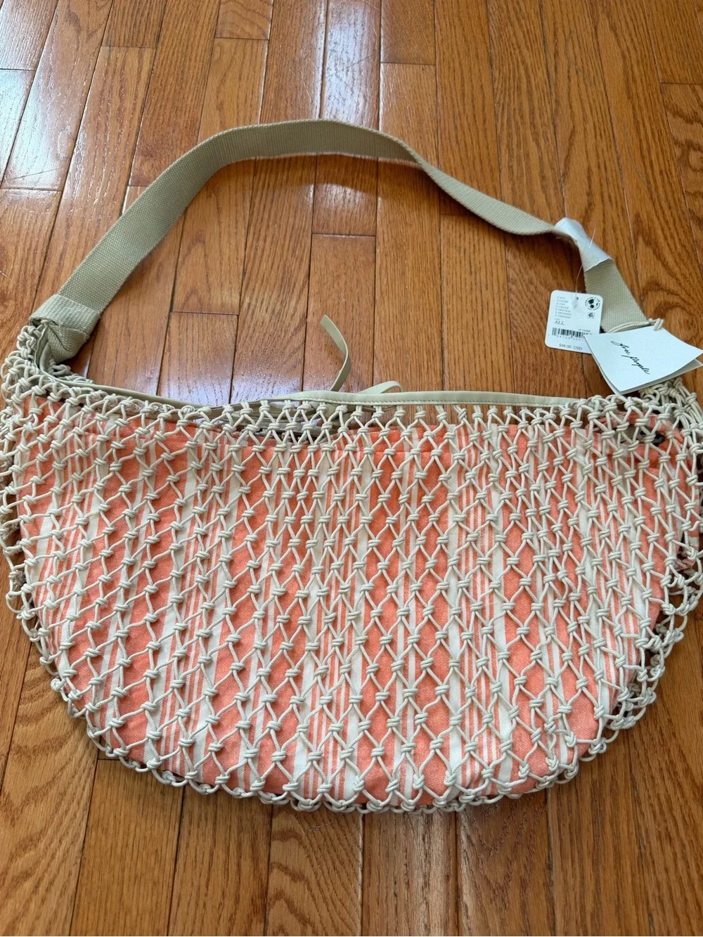 NWT new free people silver springs sling bag cream peach netting netted stripe